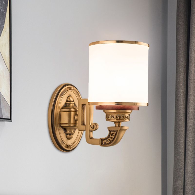 Finitura in ottone Finitura a parete cilindro leggero applique rurale vetro bianco 1 luce da soggiorno a parete lampada montata