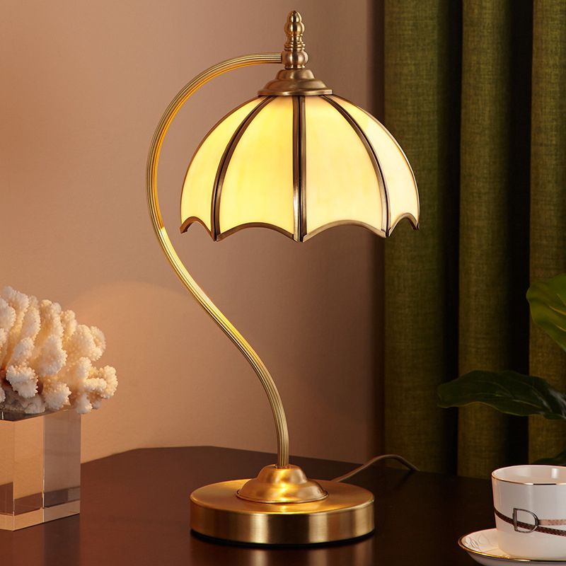 European Style Umbrella-shape Table Lamp Copper Desk Lamp with Glass Shade for Bedside