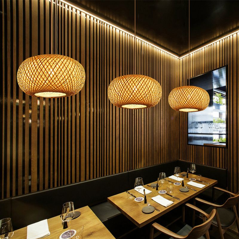 Curved Drum Ceiling Light Modern Bamboo Single Wood Hanging Pendant Light for Tea Room