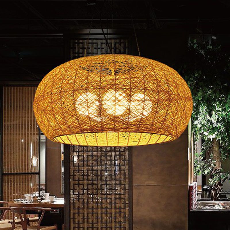 Rattan Curved Drum Ceiling Lighting South-east Asia 3 Heads Chandelier Light Fixture