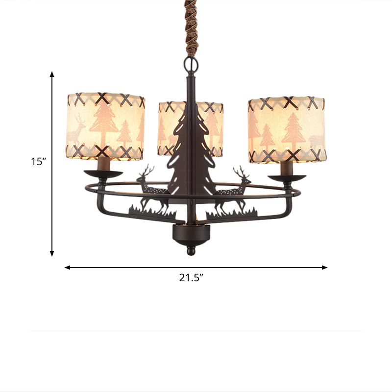 Beige Drum Chandelier Lamp Traditional Fabric 3 Lights Bedroom Hanging Light with Animal Design