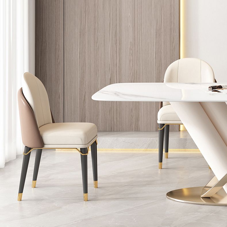 Mesa de comedor de piedra sinterizada de estilo moderno con mesa fija blanca y base de caballete