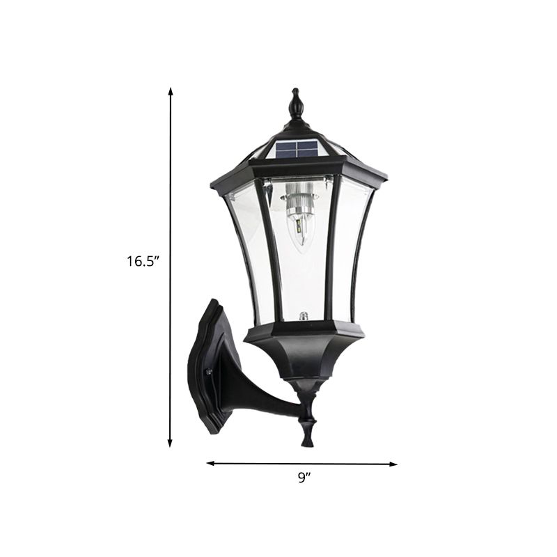 Zeshoekige gang muurverlichting boerderij helder glas 1 lamp zwarte zonne -energie wandlamp