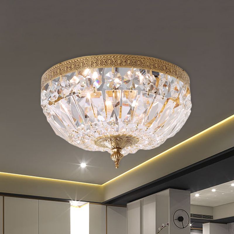 Post Modern Bowl-Shape Flush Lighting Beveled Crystal Strand 2 Bulbs Bedroom Ceiling Mounted Lamp in Brass