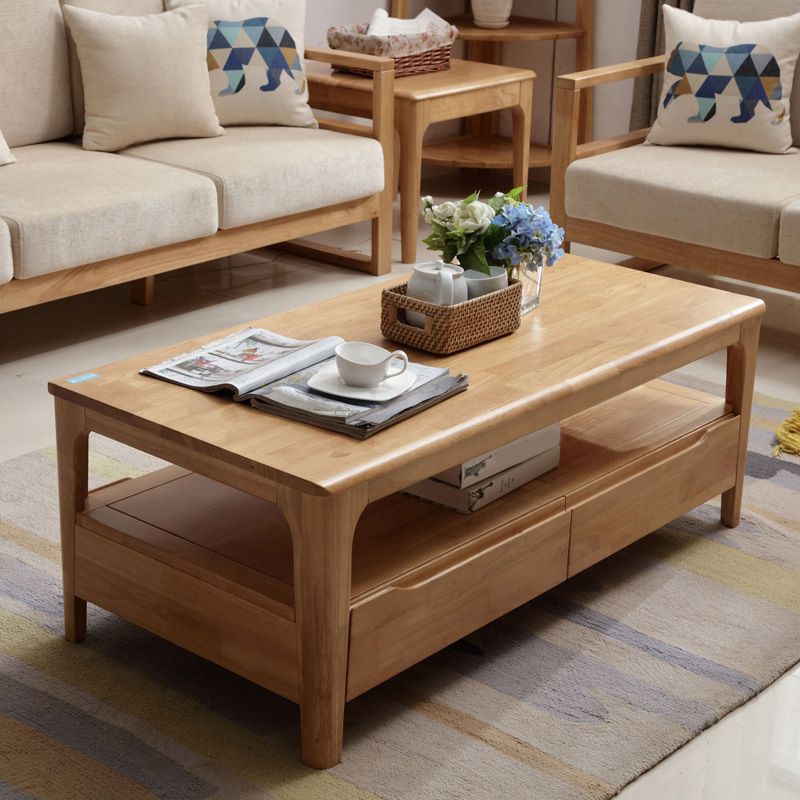 Rectangular 4 Legs Base with Drawers Solid Wood Table Nordic Style Coffee Table