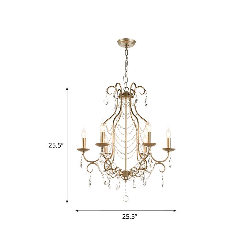 Rustic Candelabra Chandelier 6 Lights Crystal Strand Pendant Lighting in Gold over Table