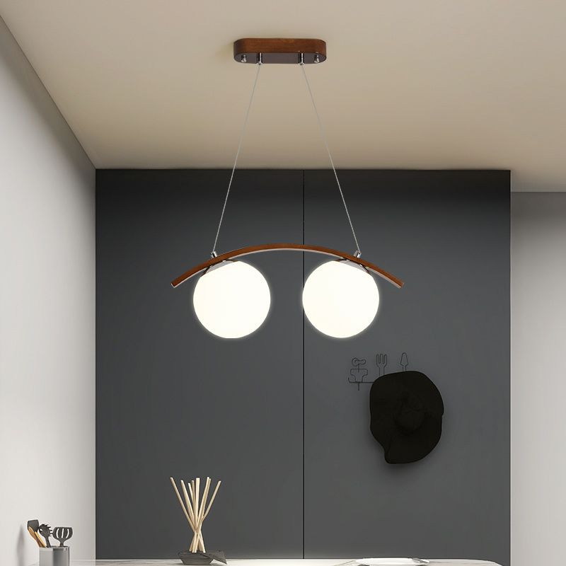 Modern Wooden Island Light Round Glass Shade Chandelier Light Fixture for Dining Room