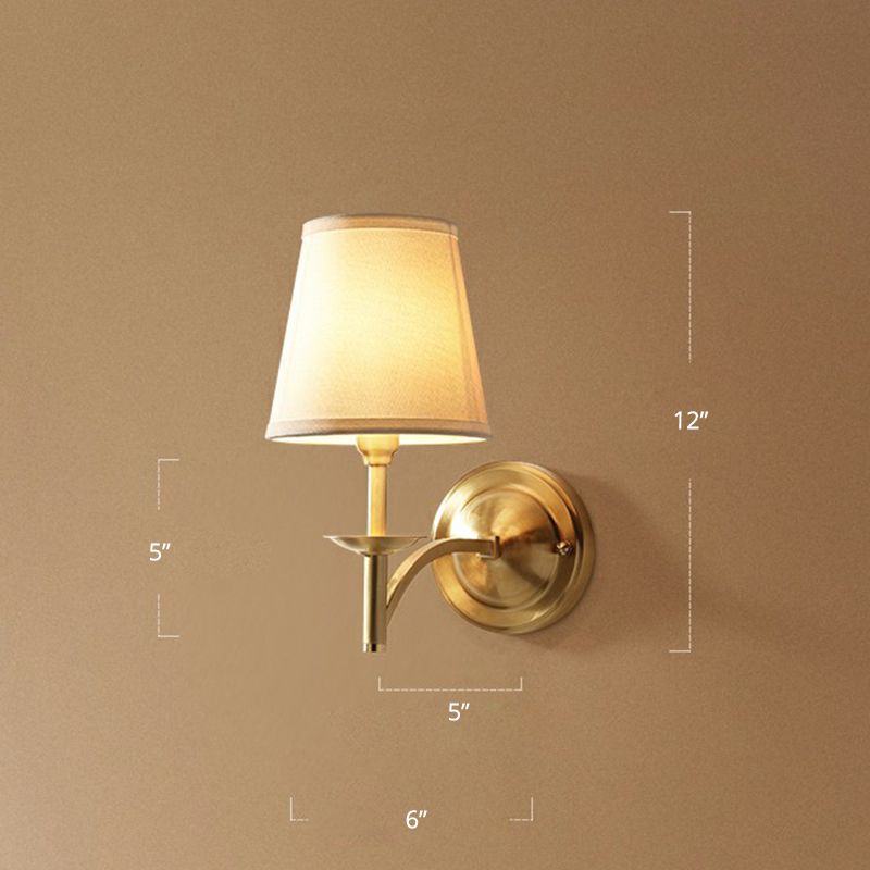 Simplicity 1-Bulb Sconce Lamp Brass Tapered Wall Light with Fabric Shade for Dining Room