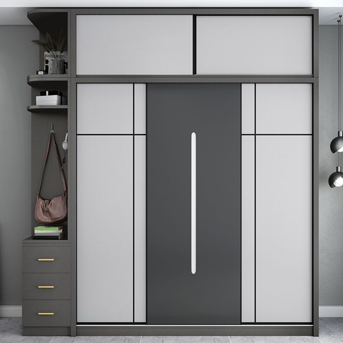 Gray Contemporary Wardrobe Armoire with Drawer Wooden Wardrobe Cabinet