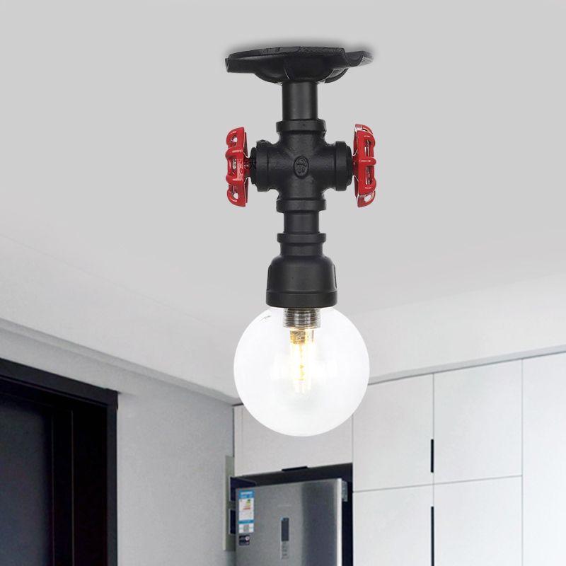 Orb Clear Glass Semi Flush Lighting Industrial 1 Bulb Restaurant Ceiling Mounted Fixture in Black