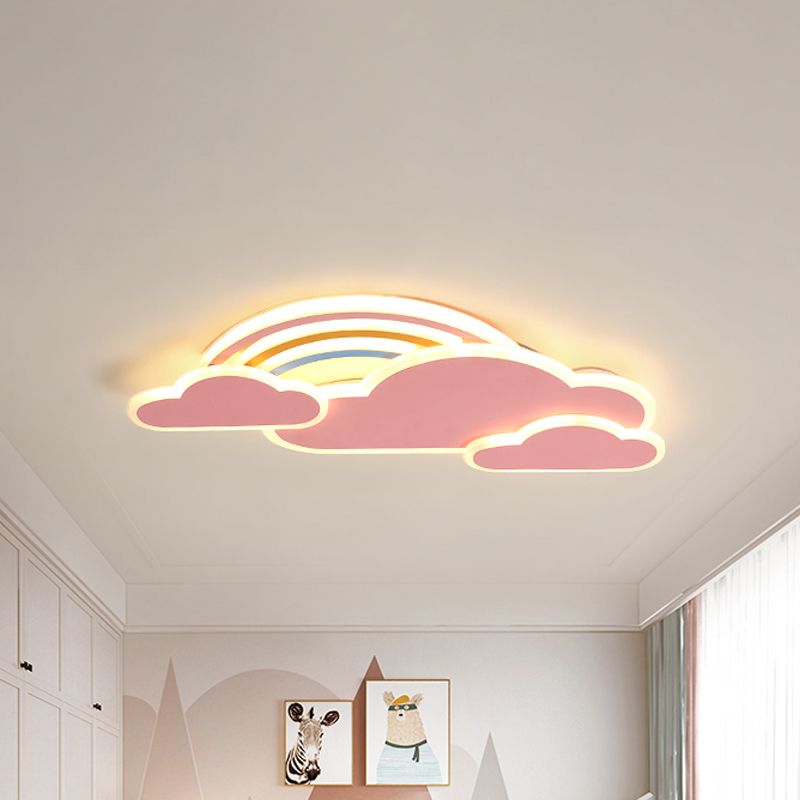 White/Pink Rainbow Cloudy Ceiling Light Cartoon Metallic LED Flush-Mount Light Fixture, Warm/White Light