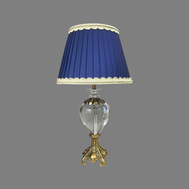 Lampe d'étude de cône Tissu moderne 1 ampoule Blue Table Lumière, base métallique en laiton sculpté