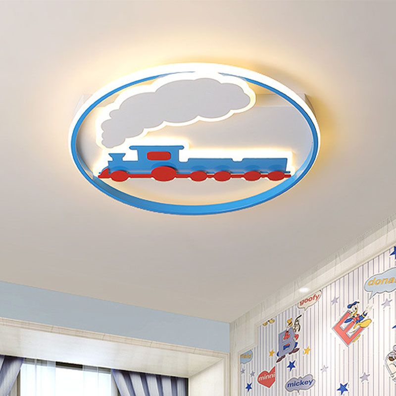 Train Flush Mount Ceiling Light Kids Acrylic LED Boys Bedroom Flushmount Lighting in Blue, 16"/19.5" Width