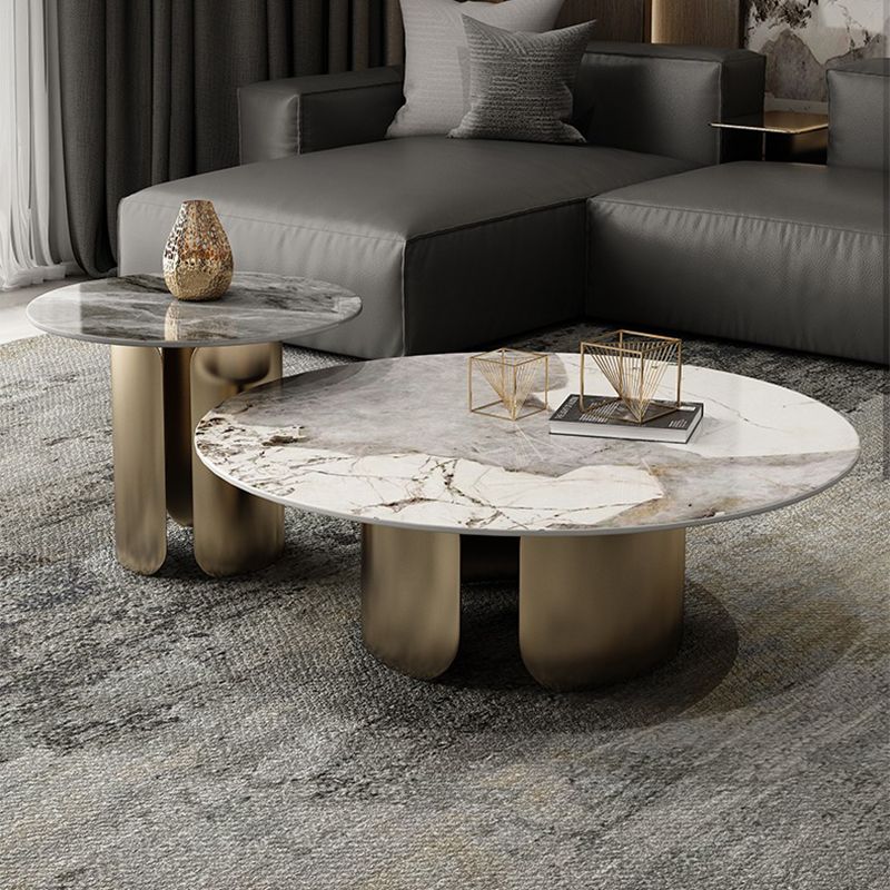 Round Coffee Table 3 Legs Slate Coffee Table Set with Metal Legs