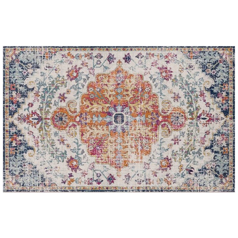 Gray Medallion Rug Polyester Vintage Rug Washable Rug for Home Decor