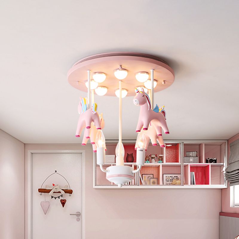 Rainbow Unicorn Resin Semi Flush Kids 3 Bulbs Pink Flush Ceiling Light with Candle Design