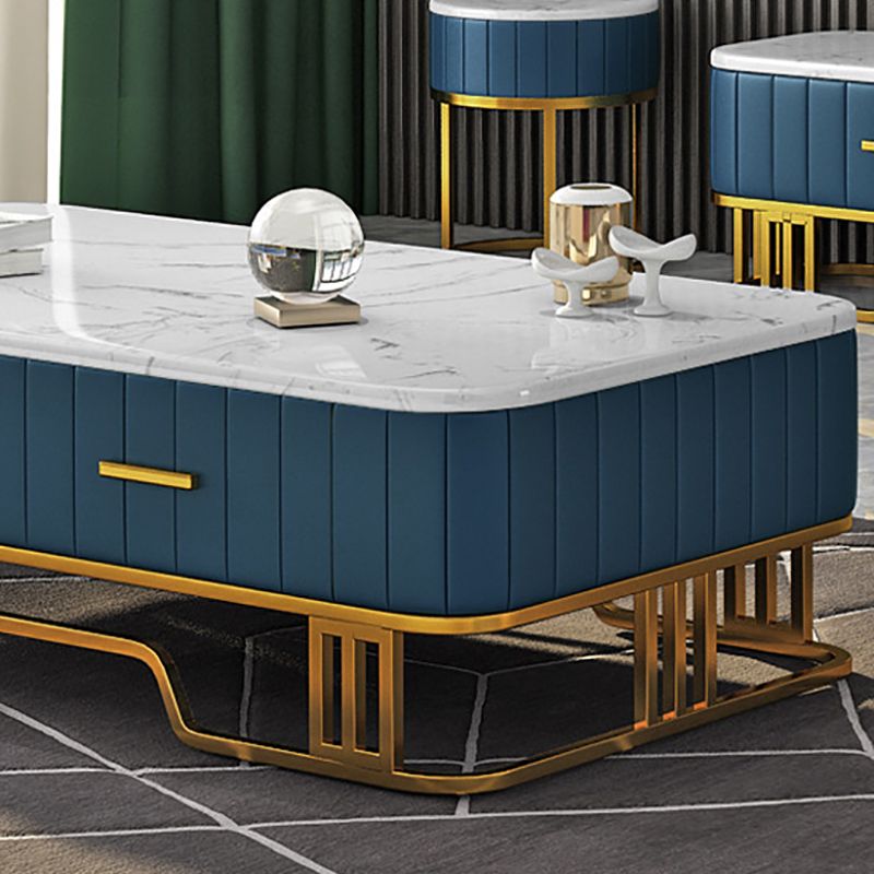 Glam Iron Frame Base Coffee Table with White Marble Top and 2 Drawers