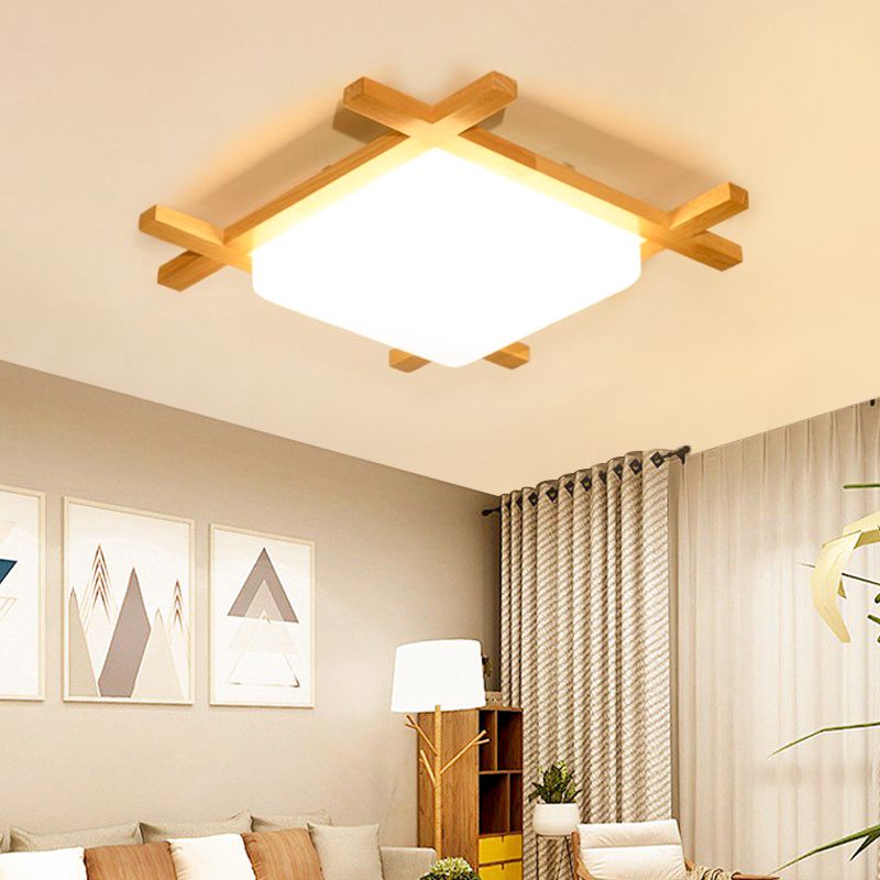Minimalist LED Flush Ceiling Light Fixture Wood Square Flush Mount Light with Wood Shade