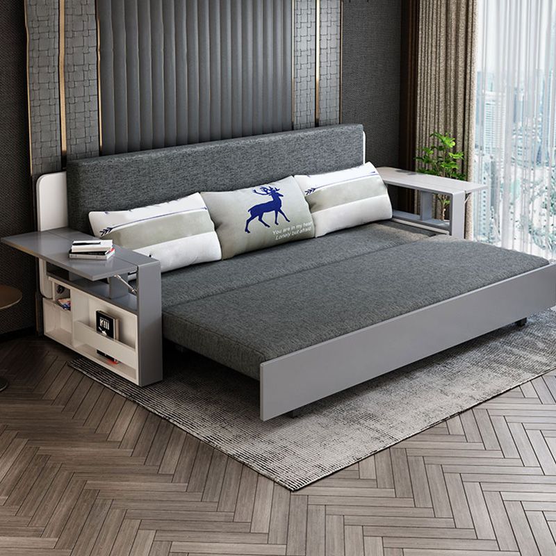 Contemporary Grey Sleeper Sofa in Linen Blend and Solid Wood