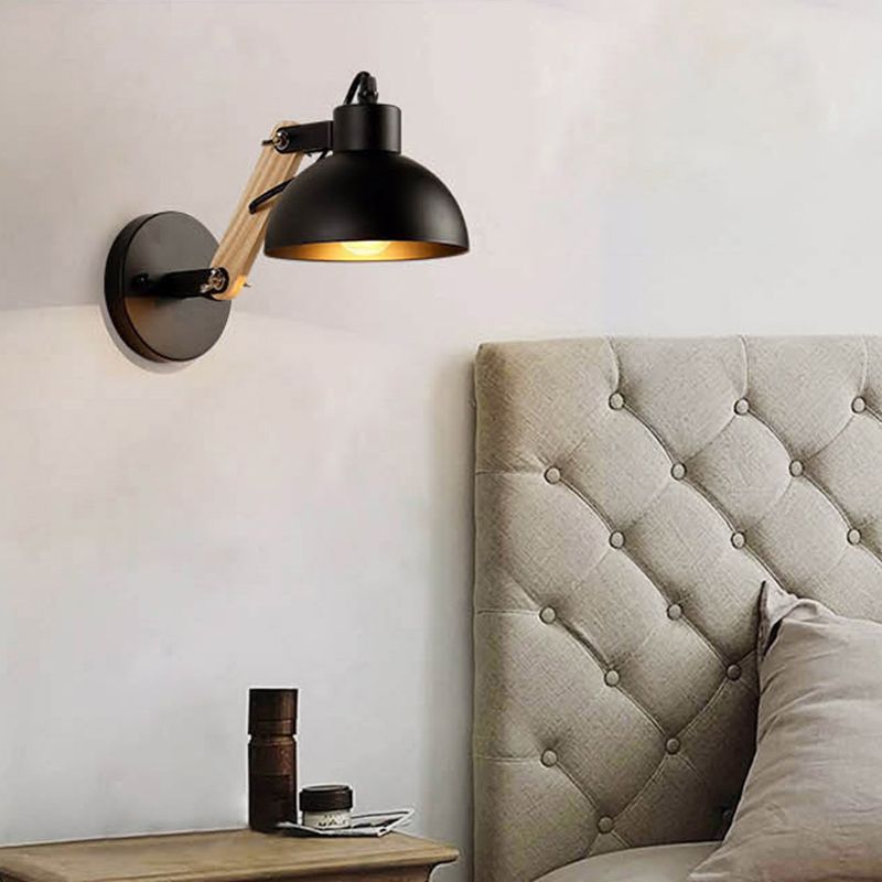 Industrial Wall Lamp with Wood Swing Arm Dome Metal Shade Wall Mount Light for Bedroom Bedside