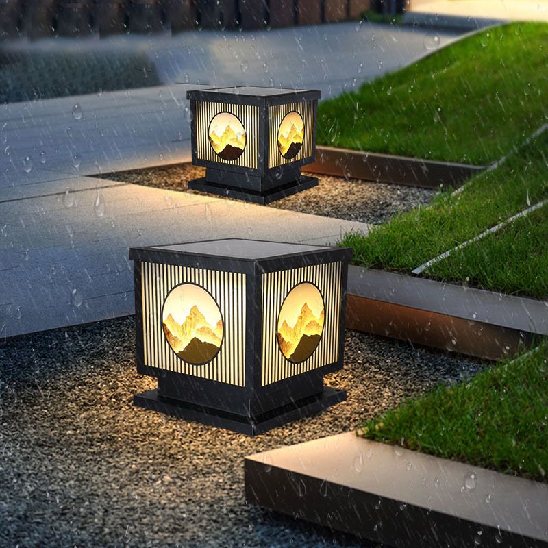Modern Metal Solar Pillar Lamp Square Shape Outdoor Waterproof Light in Black