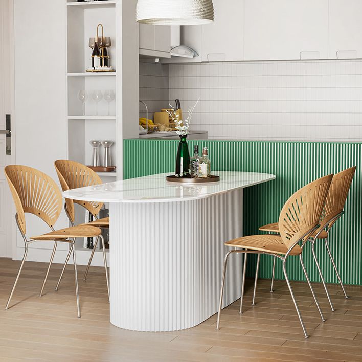 Contemporary Wood Standard Dining Table Oval Shape Kitchen Dining Table with Pedestal Base