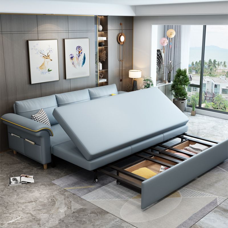 Blue Faux Leather Sleeper Sofa with Storage Scandinavian Sofa Bed