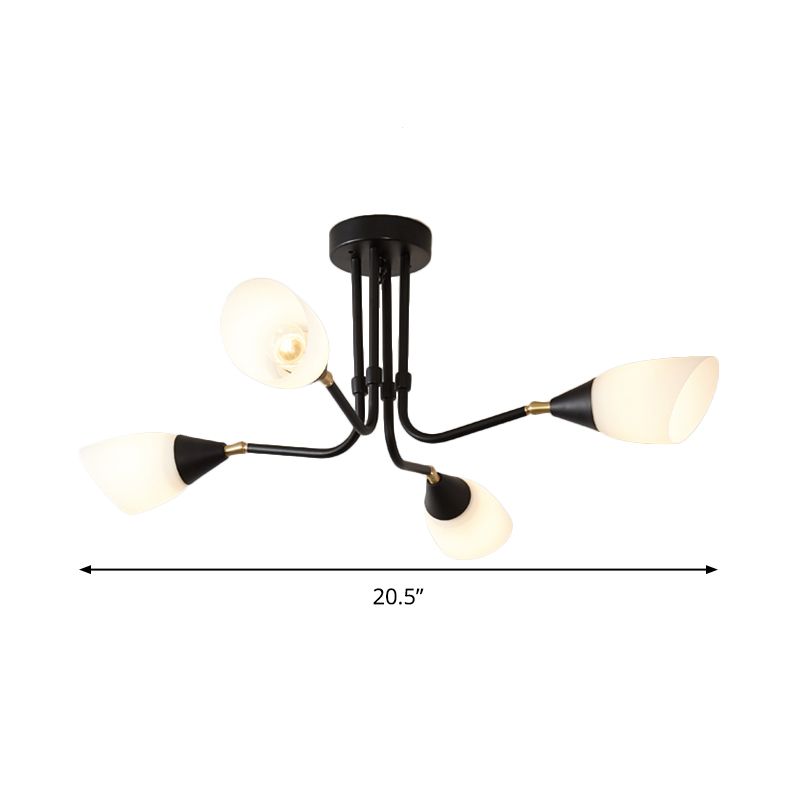 Modernism 4/6/8 Bulbs Ceiling Chandelier Black Flared Hanging Pendant Light with Milky Glass Shade