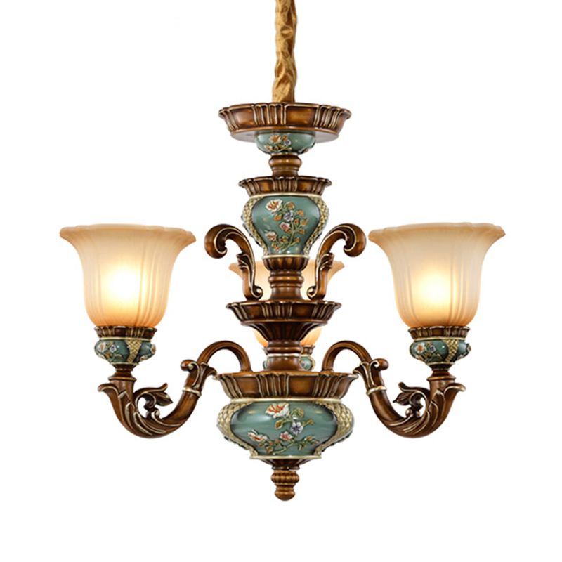 Retro Bell Hanging Ceiling Light Frosted Glass Chandelier Lamp in Blackish Green