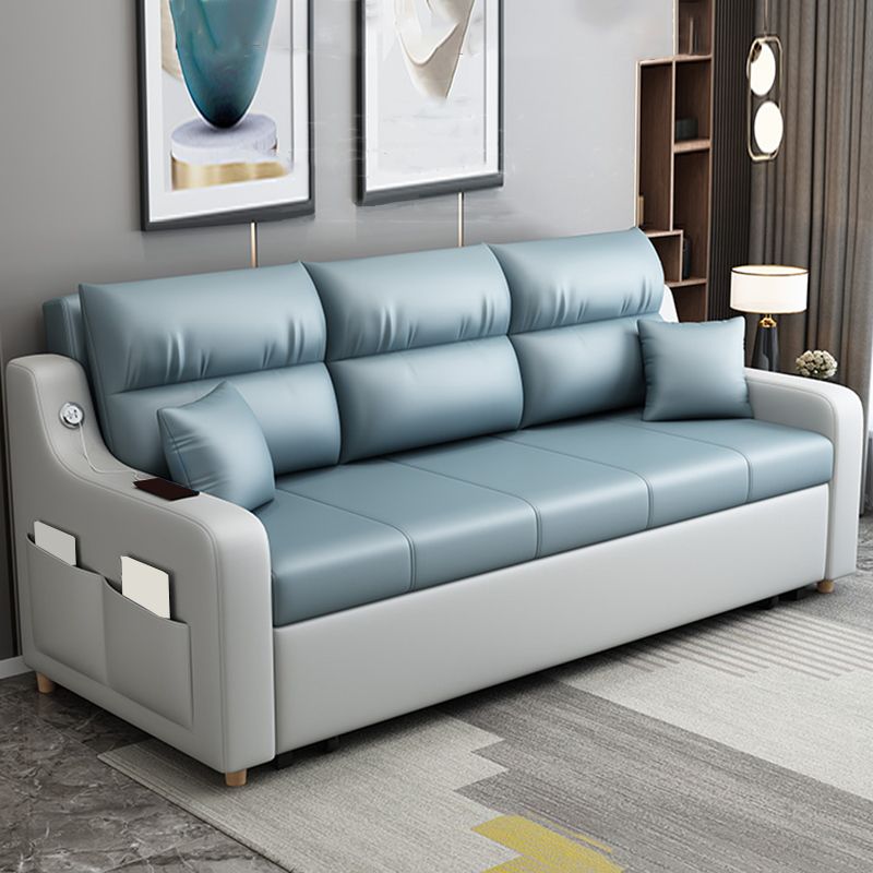 Contemporary Stain Resistant Sofa Bed Faux Leather Couch Bed in Blue