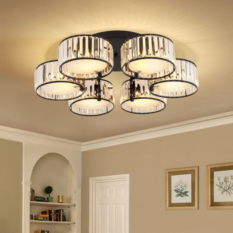 3/5/6 Lights Living Room Ceiling Light Fixture Modern Black Flush Mount with Drum Crystal Shade