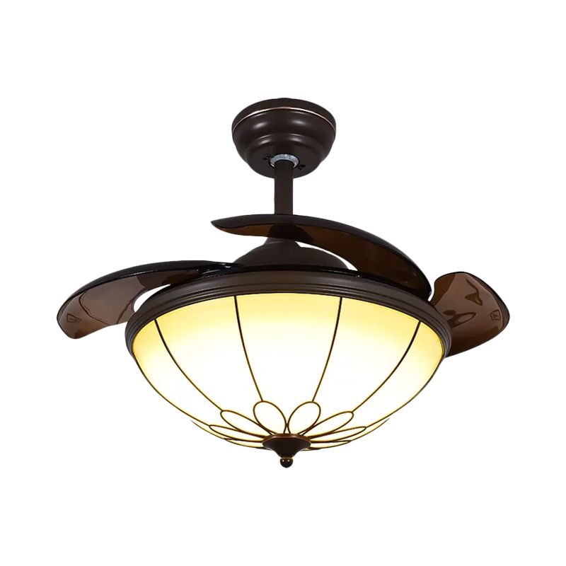 Rustic Dome Ceiling Fan Light 4-Blade White Glass LED Semi Flush Mount Lamp in Coffee, 20.5" Wide