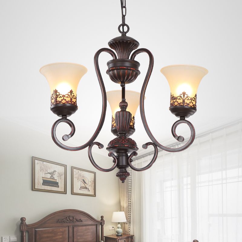 Rural Style Swirled Arm Hanging Chandelier 3/6-Bulb Metallic Suspended Lighting Fixture in Red Brown