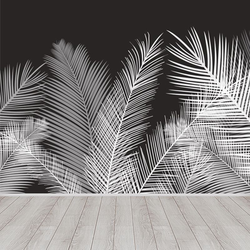 Areca Palm Leaves Mural Decal Tropix Non-Woven Cloth Wall Decor in White on Black