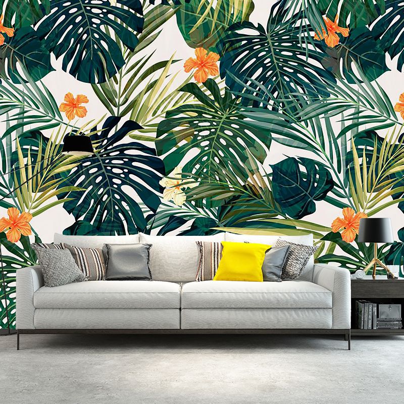 Tropics Leaf and Flower Mural Wallpaper for Living Room Personalized Wall Decor in Orange-Green