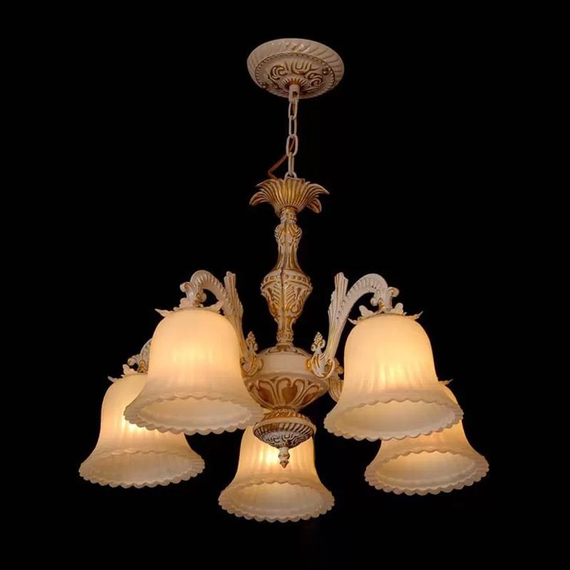 5 Bulbs Ribbed Glass Pendant Light Rustic White Carillon Restaurant Chandelier Light Fixture