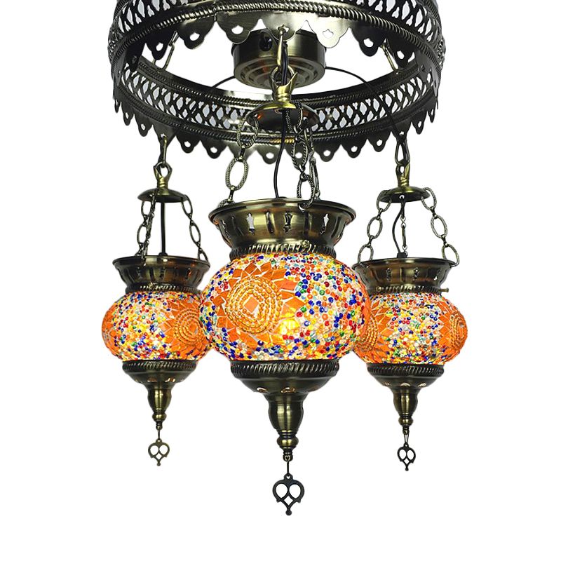 Stained Art Glass Oval Chandelier Lighting Traditional 3 Heads Bedroom Ceiling Chandelier in Yellow/Orange/Blue