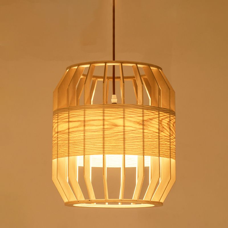 Barrel Ceiling Lamp Chinese Wood 1 Head Beige Hanging Light Fixture for Living Room, 9"/13" Wide