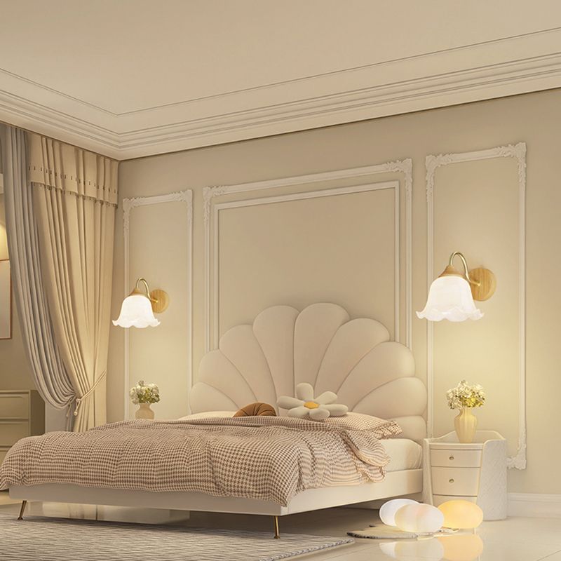 Modern Wall Mount Lamp 1-Light Wooden with Glass Shade for Living Room