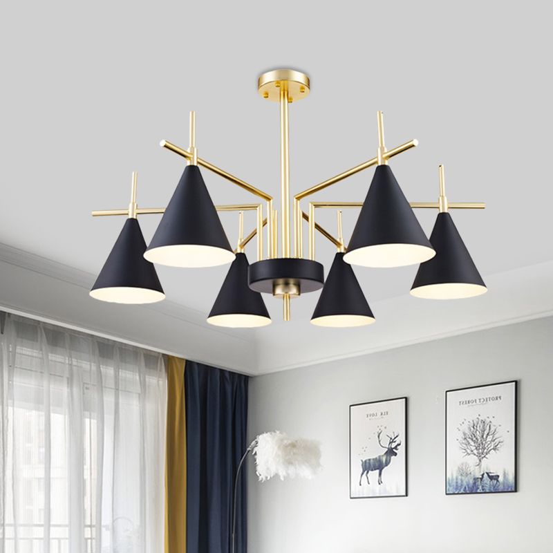 Mid-secolo in ferro conico semifulto a filo a filo a filo lampadario del soffitto in oro nero con design radiale per camera da letto