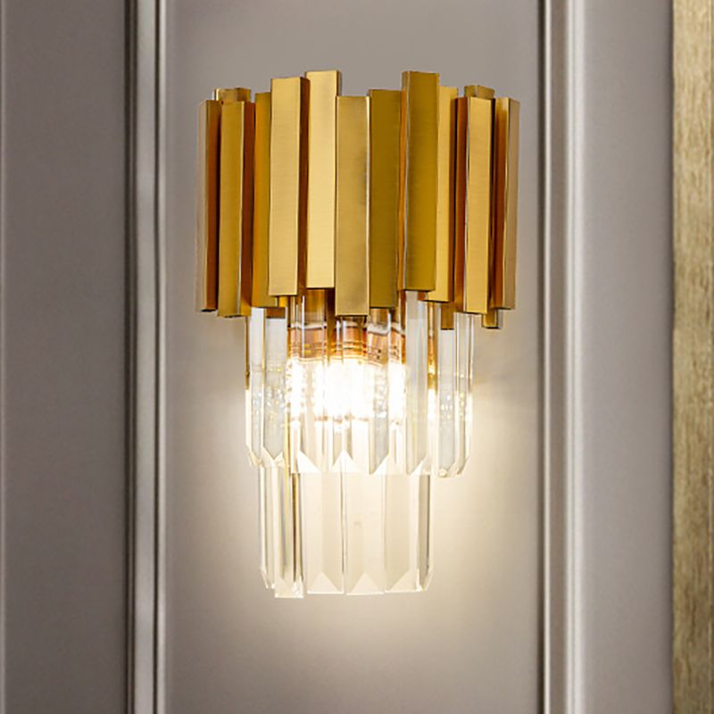 Tiered Wall Light Sconce Modern Style Metal 1 Light Golden Sconce Lamp with Clear Crystal Prism