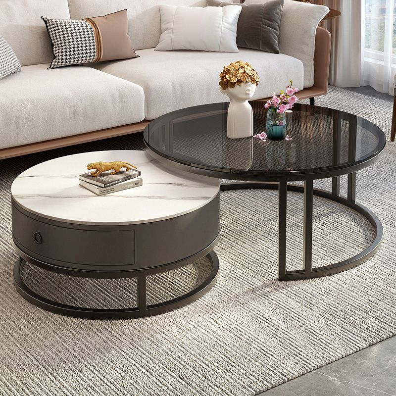 Round Coffee Table Glass Top 2 Nesting Coffee Table Set with Storage