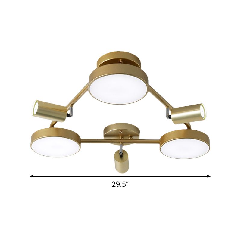 Mont métallique semi-flush contemporain 6 têtes de plafond luminaire en or pour chambre à coucher
