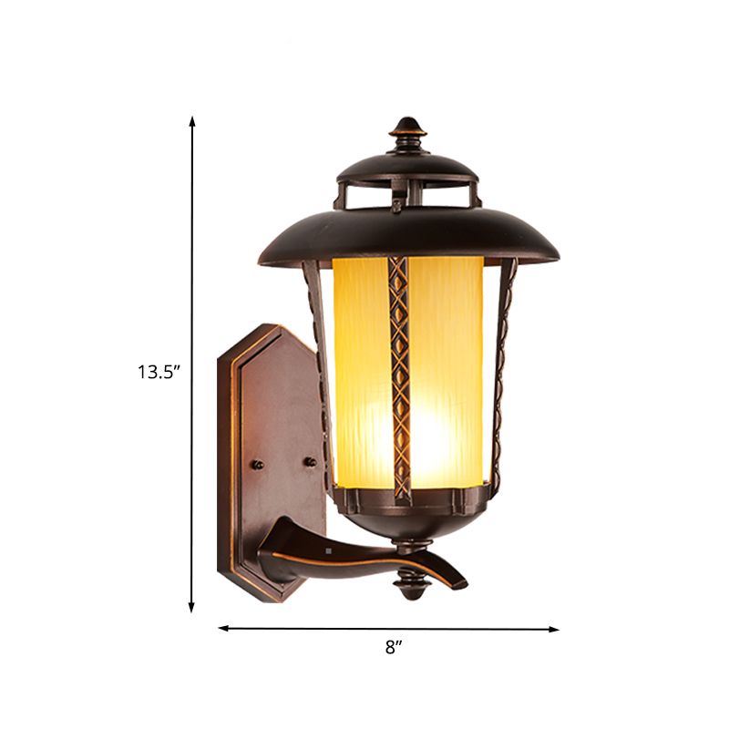 Rustic Style Lantern Wall Sconce Lamp 1-Bulb Opal Frosted Glass Wall Lighting Fixture in Dark Coffee