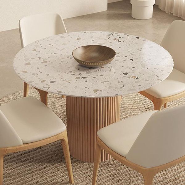 Round Dining Table Modern Stone Top Dining Table with Solid Wood Base