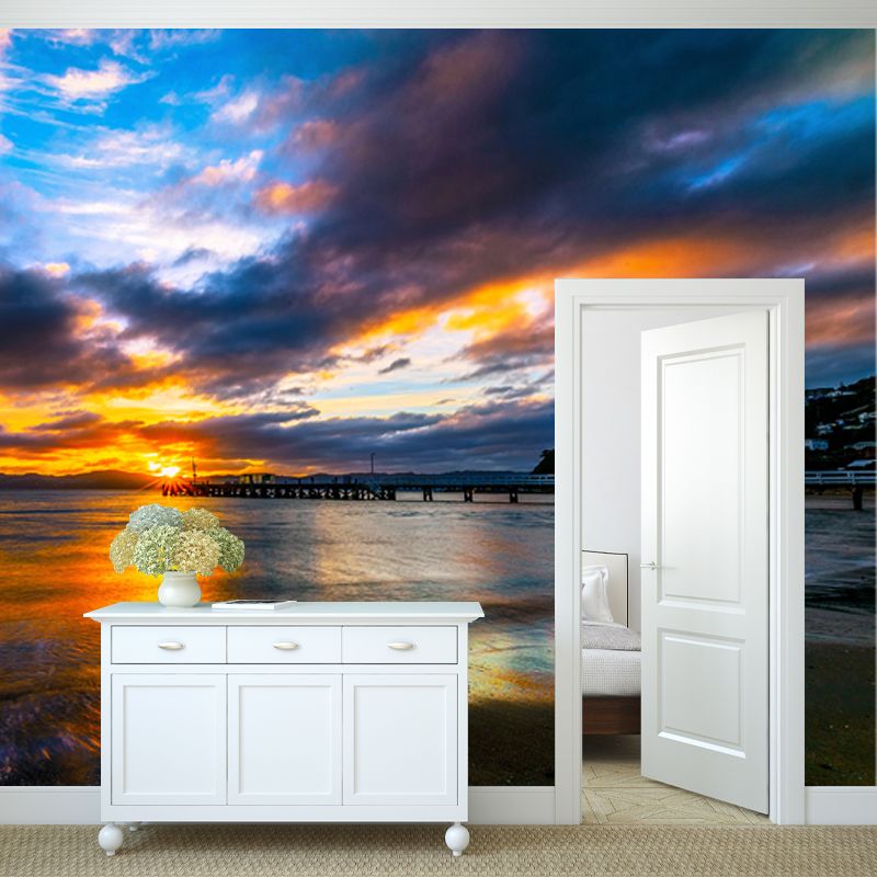 Modern Sea Evening Glow Mural Decal Blue-Yellow Waterproofing Wall Decor for Bedroom