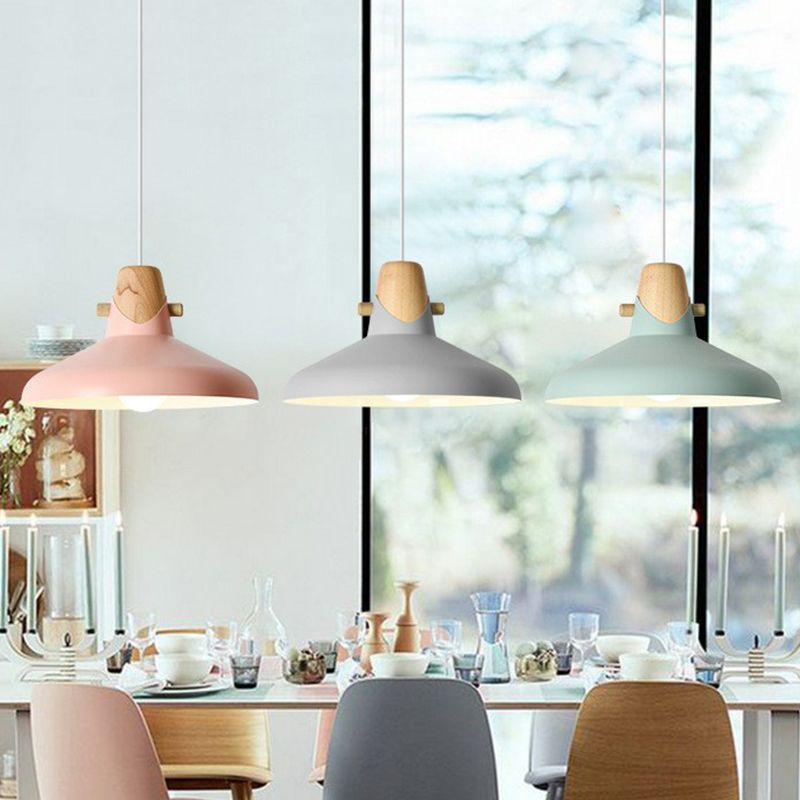 Restaurant effilé Plafond Light Metal Metal 1 Bulbe Macaron Pendant Lumière avec décor en bois