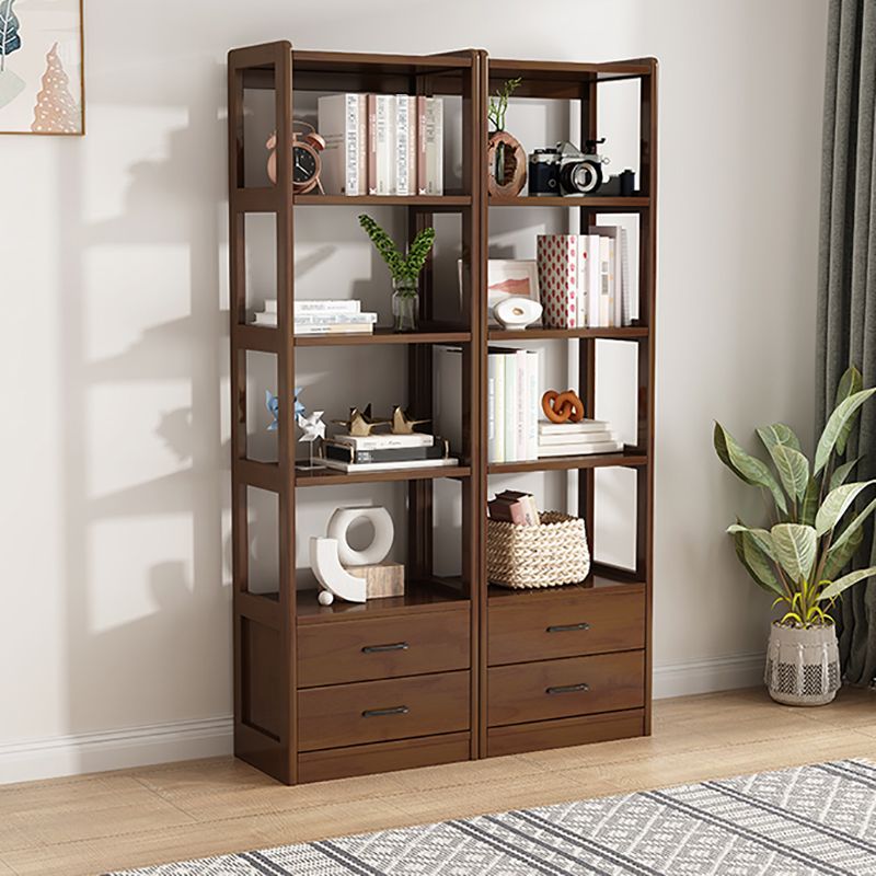 Modern Style Open Back Bookshelf Standard Wooden Bookcase with Drawers