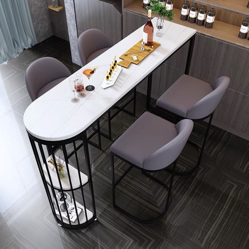 White Modern Style Bar Table in Faux Marble and Metal Specialty Milk Tea Shop Bar Table
