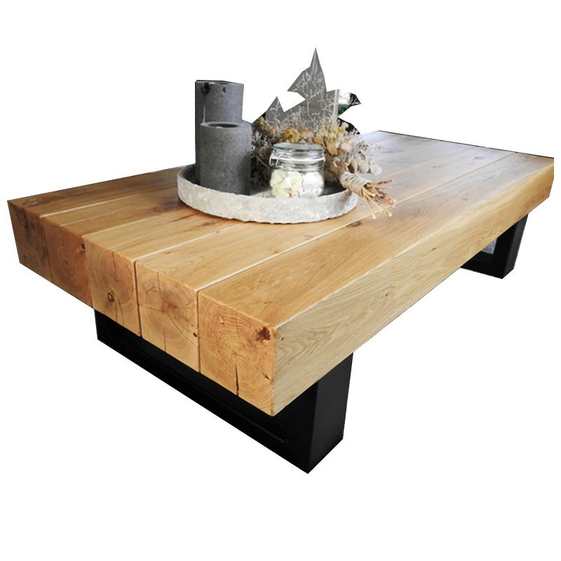 Solid Wood Coffee Table with Metal Sled Legs for Living Room